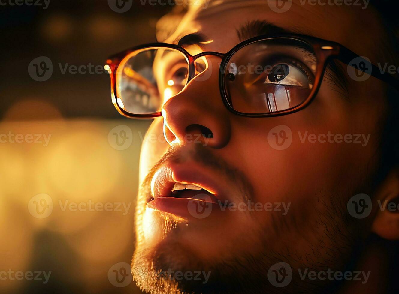 AI generated A young man looks up through his glasses. AI generated. photo