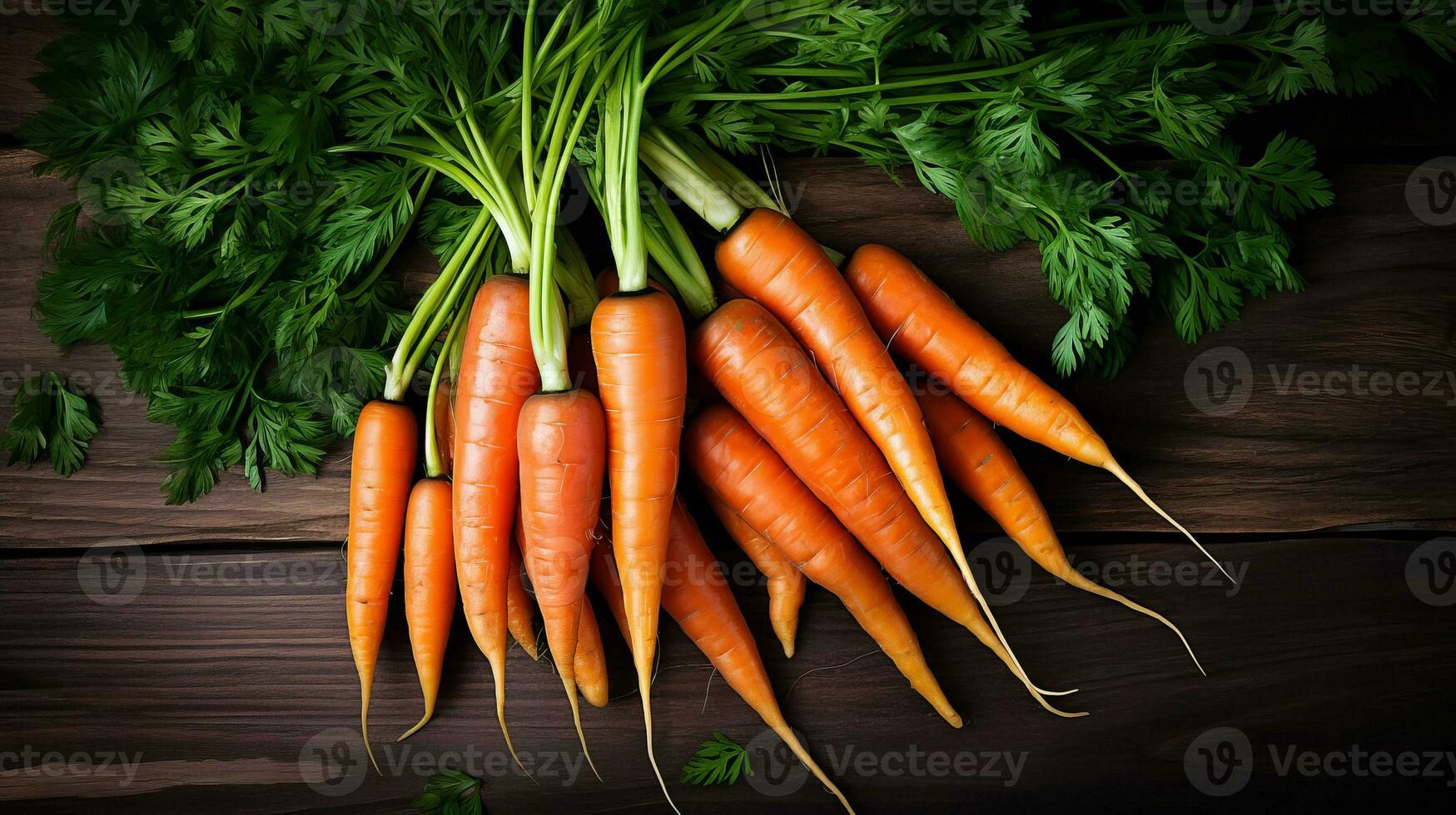 AI generated Bunch of fresh carrots on a wooden background. AI generated. photo