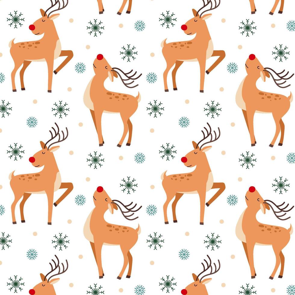 Pattern with Christmas reindeer and snowflakes in flat style. Christmas ...