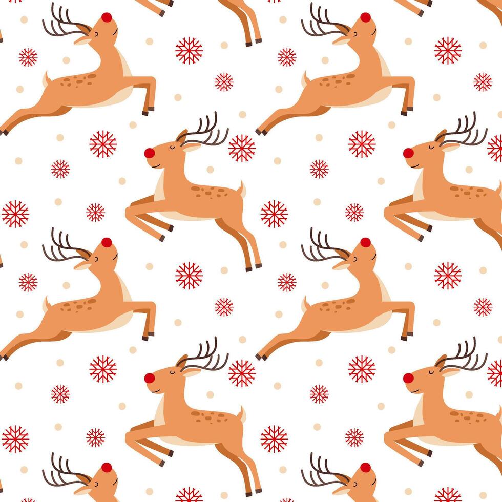 Pattern with deer. Running Christmas reindeer with snowflakes in flat style. Rudolph the reindeer. vector