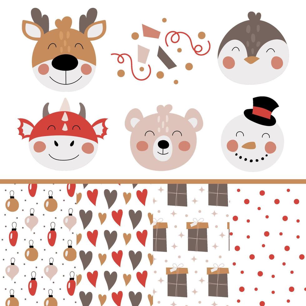 Cute avatars of deer, penguin, dragon, bear and snowman in flat style. Set of vector illustrations of animal faces and seamless patterns of holiday elements. Children doodles.