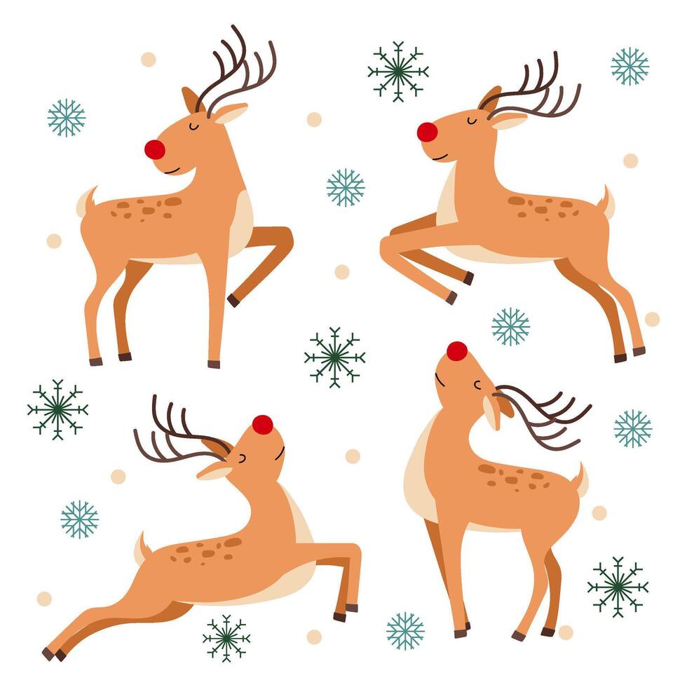 Set of vector illustrations of deer. Christmas deer in flat style on a white background with snowflakes. Rudolph the reindeer.