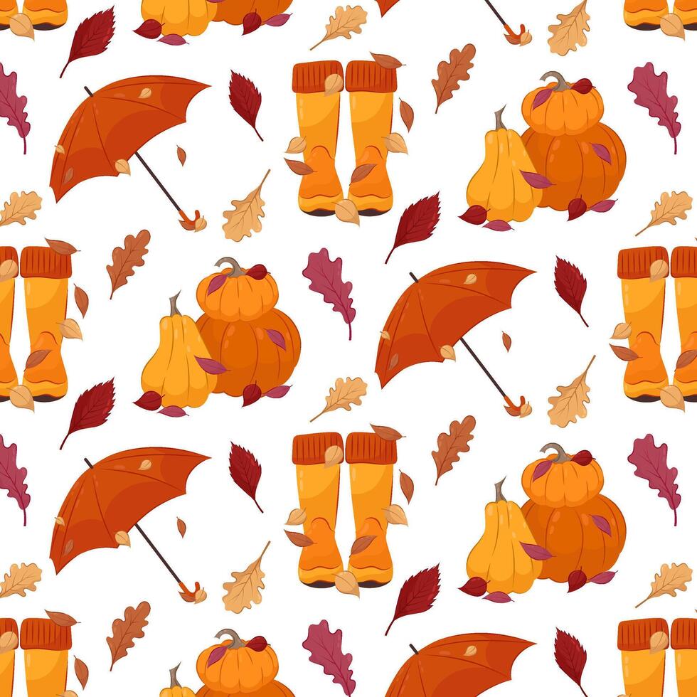 Autumn seamless pattern on a white background. Pattern in flat style. Patern with umbrella, rubber boots and pumpkins. vector