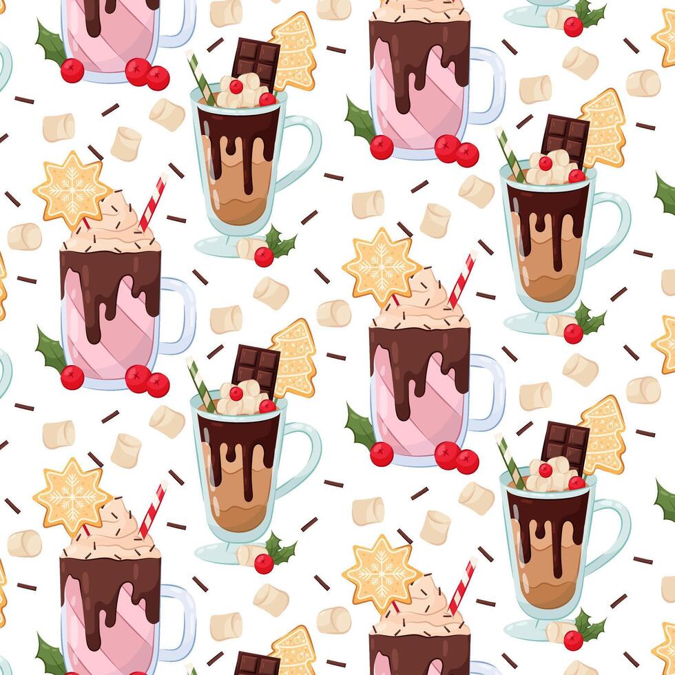 Festive pattern with hot winter drinks on a white background. Christmas, winter, drinks. vector