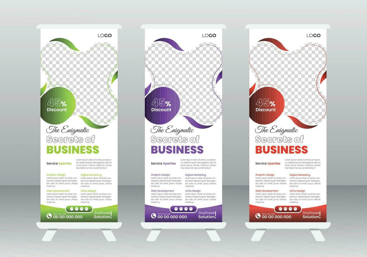 Corporate Roll Up Banner Design Template, Modern Pull Up Banner Design Template, Modern Corporate Business Roll-Up Banner Design Template with multiple Color vector