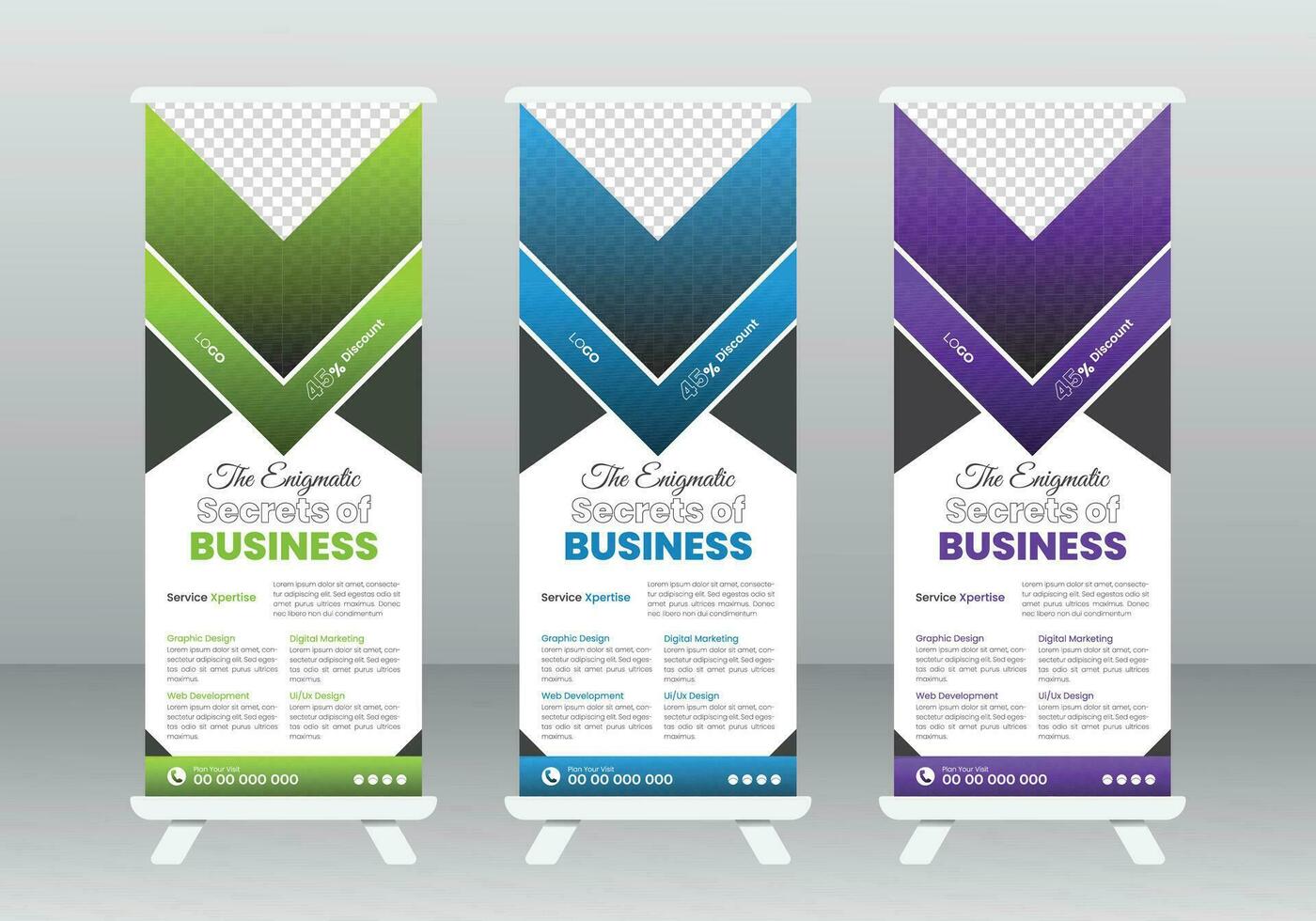 Corporate Roll Up Banner Design Template, Modern Pull Up Banner Design Template, Modern Corporate Business Roll-Up Banner Design Template with multiple Color vector