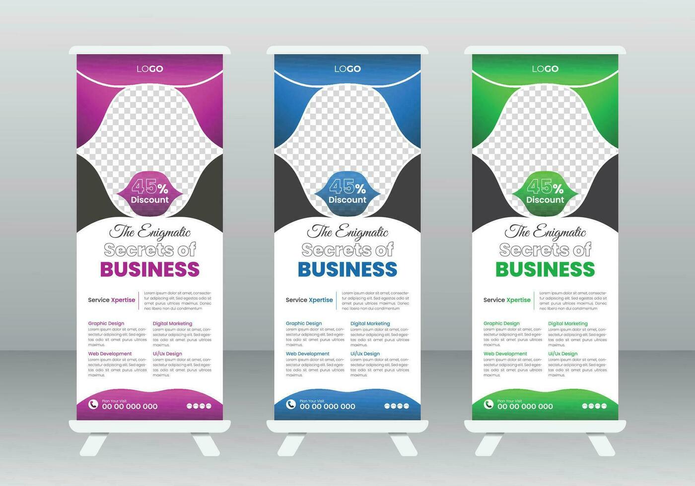 Corporate Roll Up Banner Design Template, Modern Pull Up Banner Design Template, Modern Corporate Business Roll-Up Banner Design Template with multiple Color vector