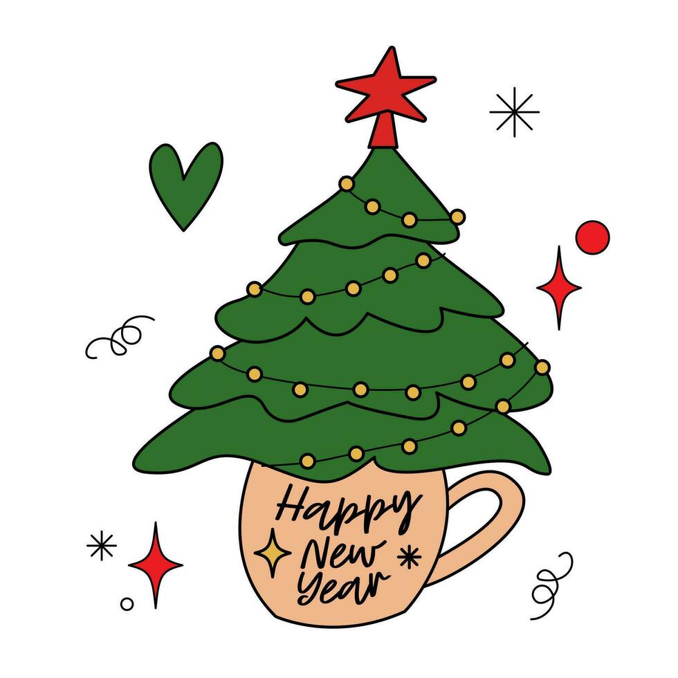 Christmas tree in cup. Merry Christmas and Happy New year. vector