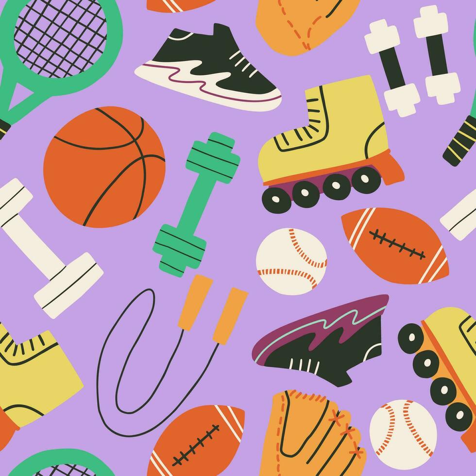 sin costura modelo con Deportes equipo en plano estilo. saltar soga, zapatillas, pelota, pesas y más. vector ilustración.