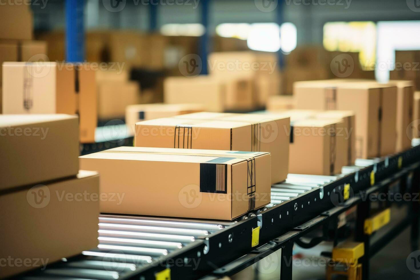 Conveyor belt close up with many boxes passing. AI generative photo