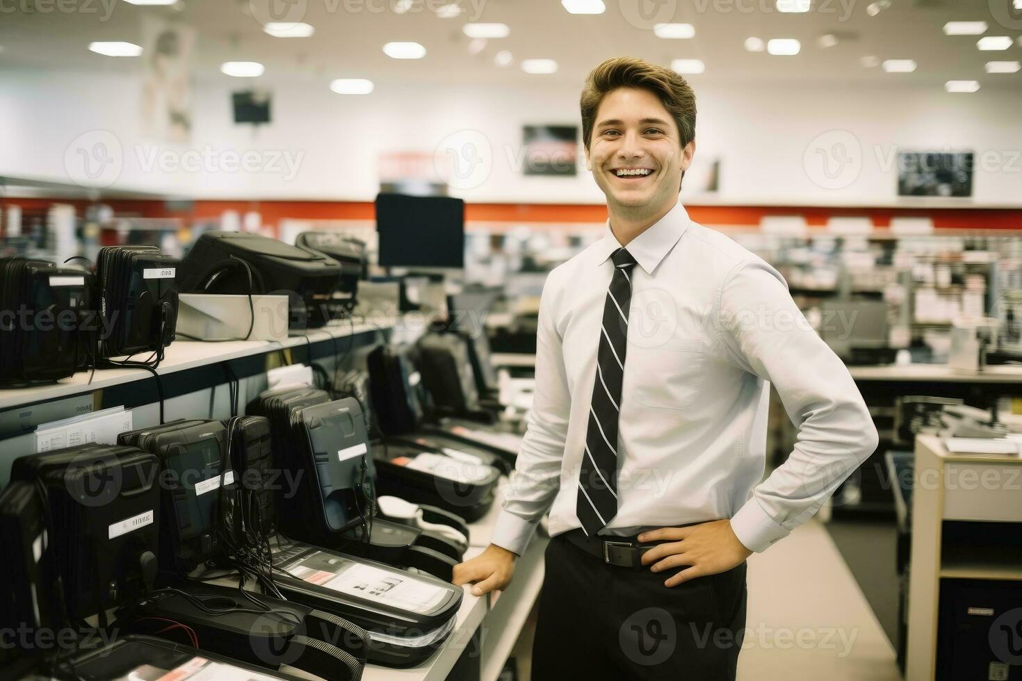 A friendly salesman in an electronics store. AI generative photo