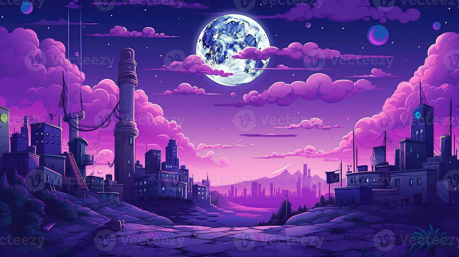 AI generated A girl in a white dress stands on the background of a remote evening city in anime style. Top view photo