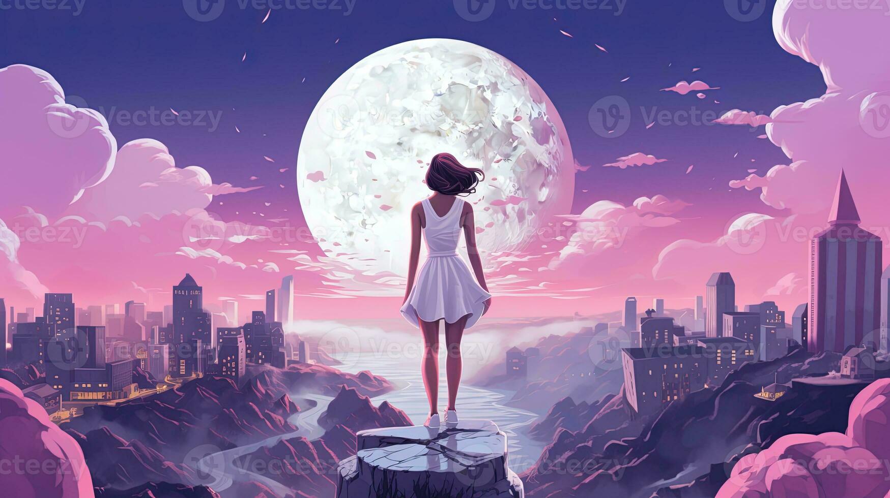 AI generated A girl in a white dress stands on the background of a remote evening city in anime style. Top view photo
