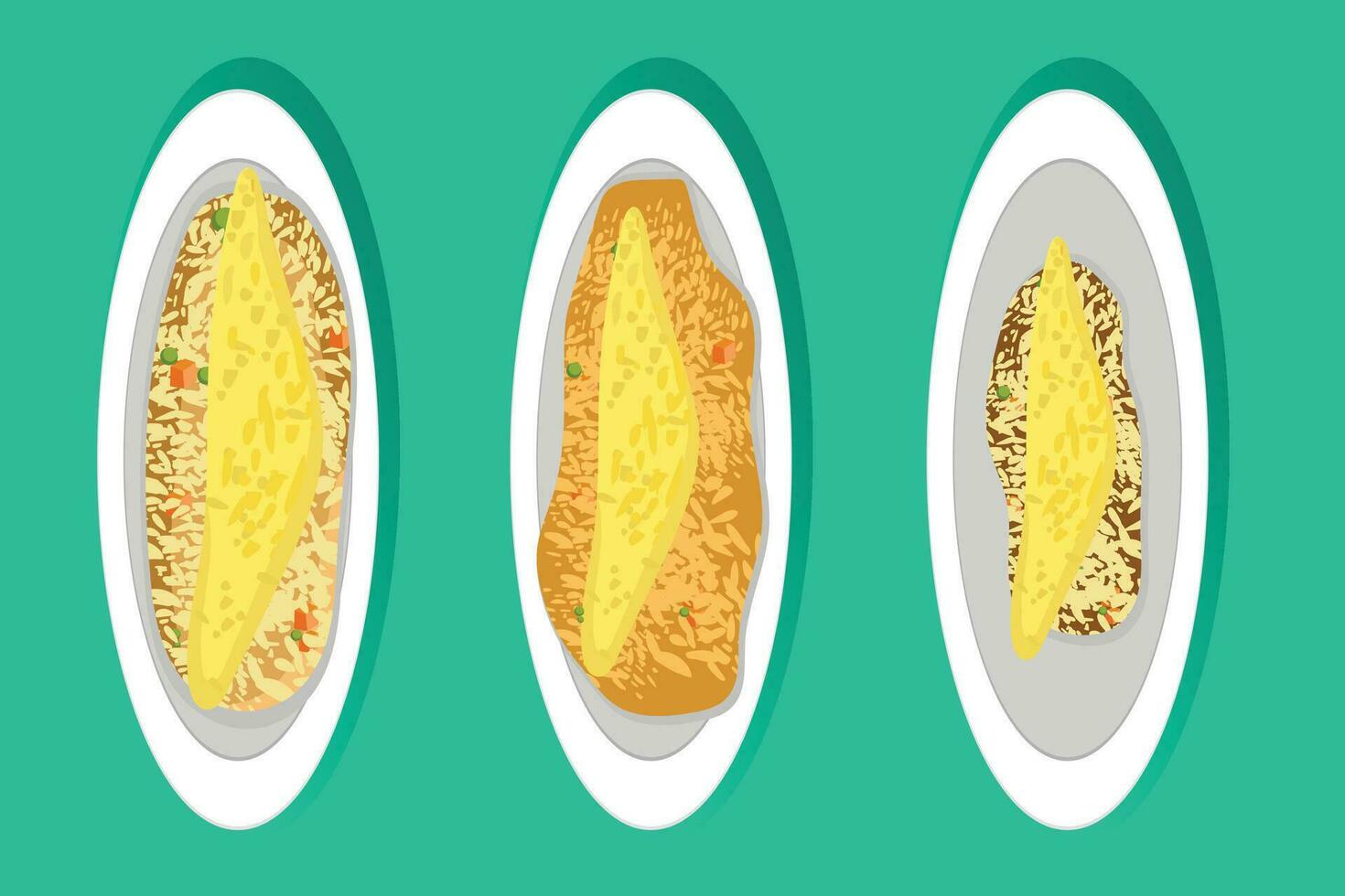 Vector flat illustration of Japanese food, fried rice with scrambled egg topping, omurice. scrambled eggs, melted eggs.