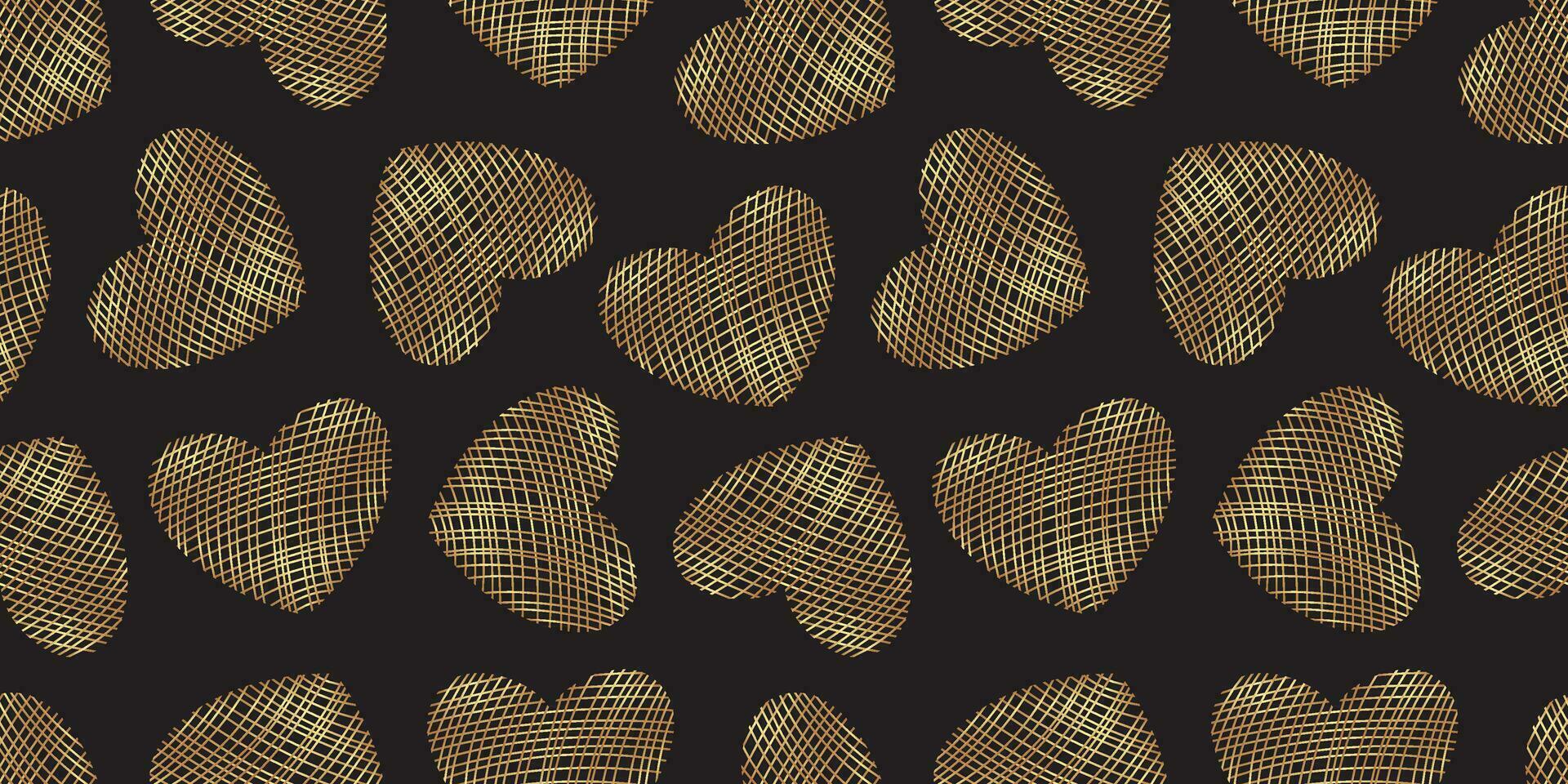 Luxury Valentines day seamless pattern. Golden hearts on black background seamless pattern. Hand drawn decorative gold heart for gift packaging, wrapping paper, textile. vector