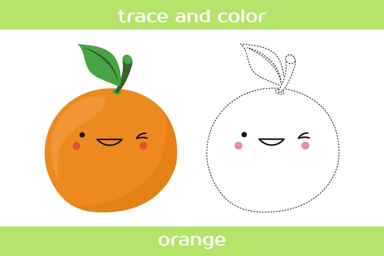 Educational worksheet Trace and color cute kawaii orange. vector