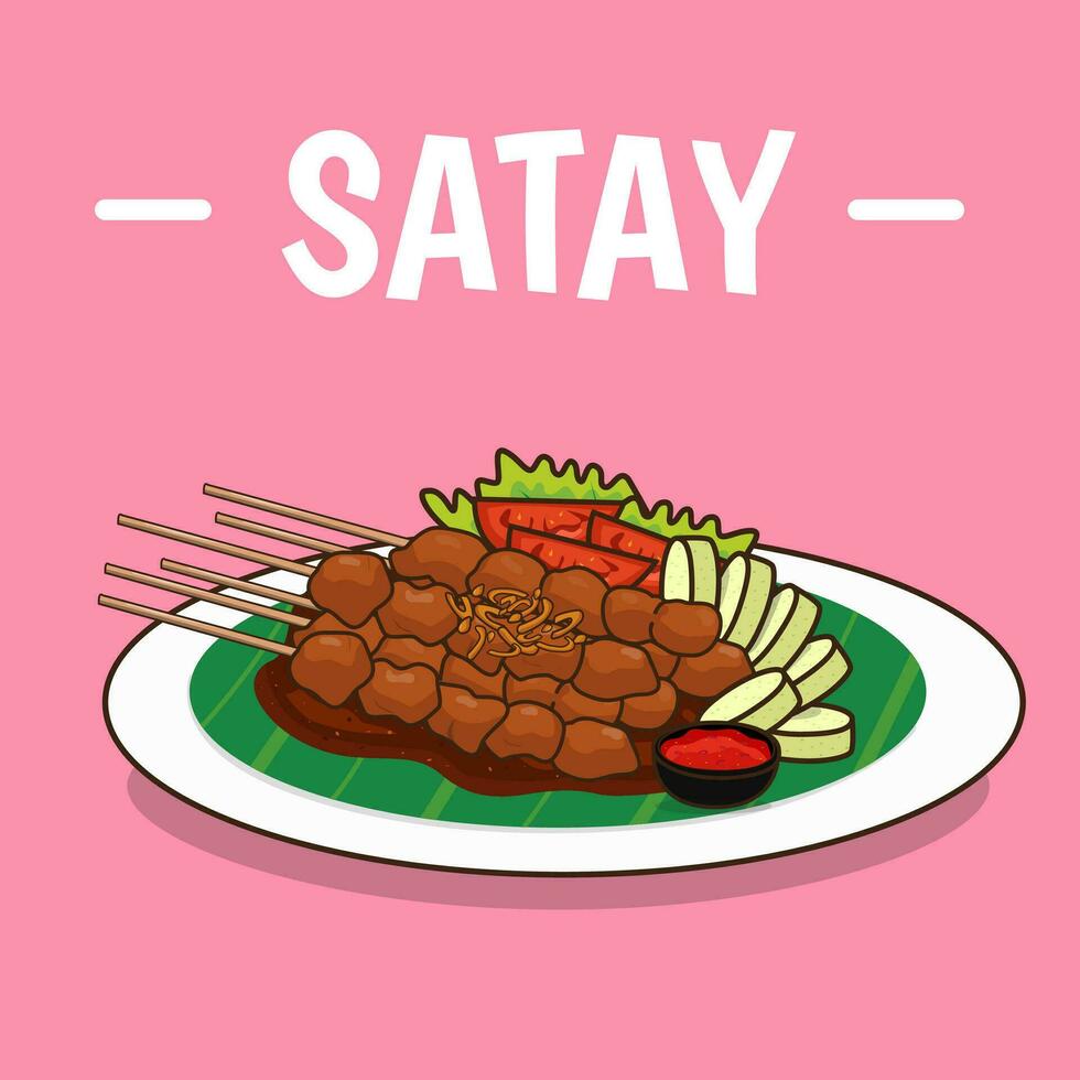 saciar satay parrilla ilustración tradicional indonesio comida con dibujos animados estilo vector