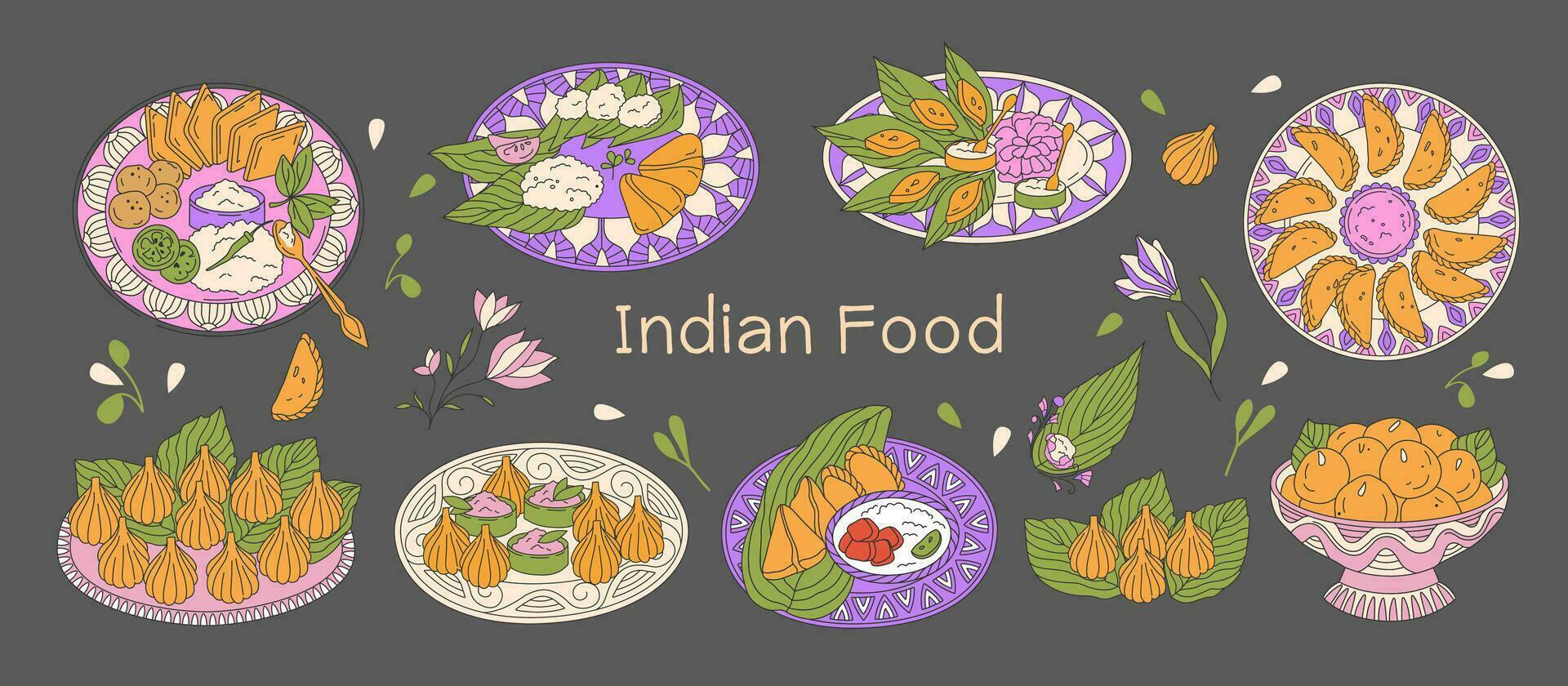 Indian food illustration. Different authentic dishes samosa, Modak, Ladoo, Karanji, and others. Vector. vector