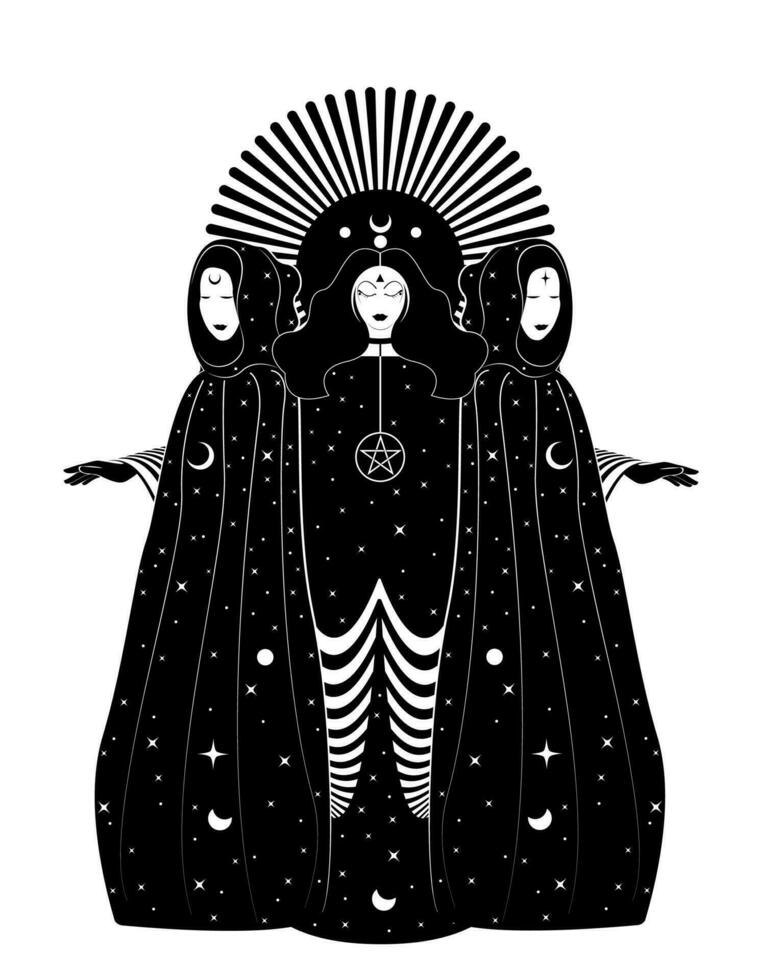 Mystical triple goddess, priestesses  in magical cloak. Beautiful fairy women with celestial long dress. Gothic Witch wiccan female sacred design. Vector isolated on white background art deco style