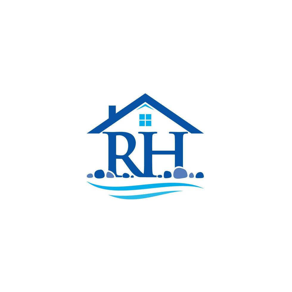 Letter RH, House, River and Stone logo or icon design vector