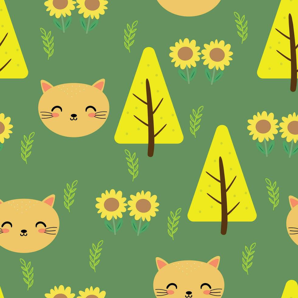 Seamless pattern of cute cartoon cats, trees and flowers. cute wallpaper for gift wrapping paper, textile, colorful vector for children, flat style