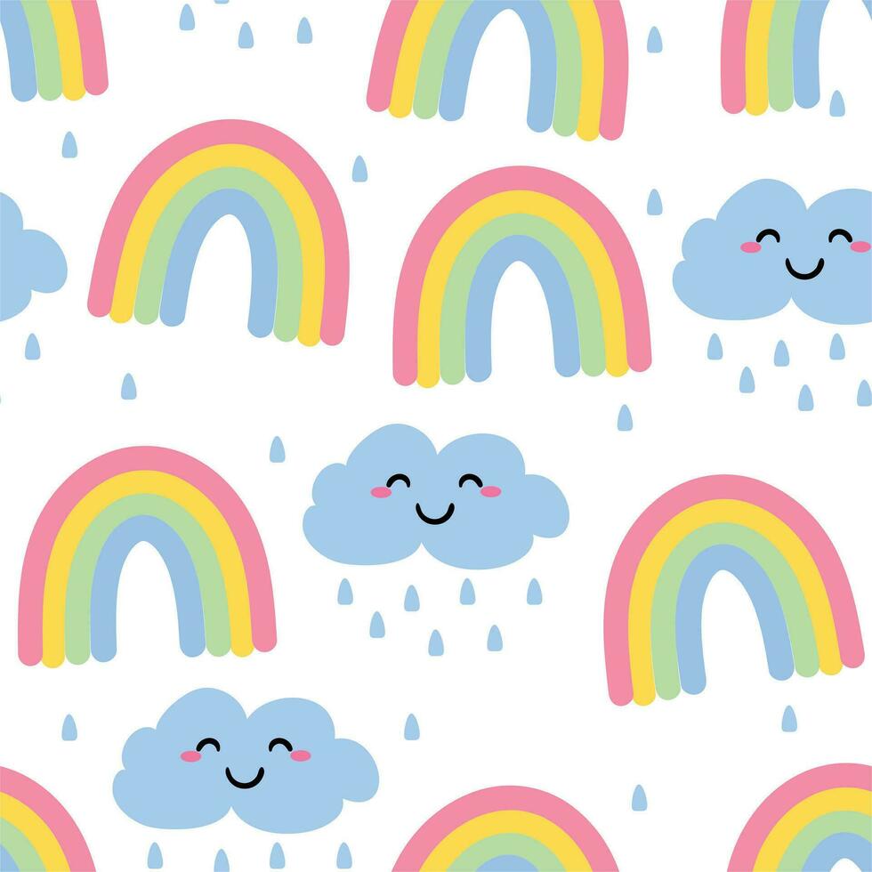 Seamless pattern with clouds, cute cartoon rainbow, for fabric prints, textiles, gift wrapping paper. colorful vector for children, flat style