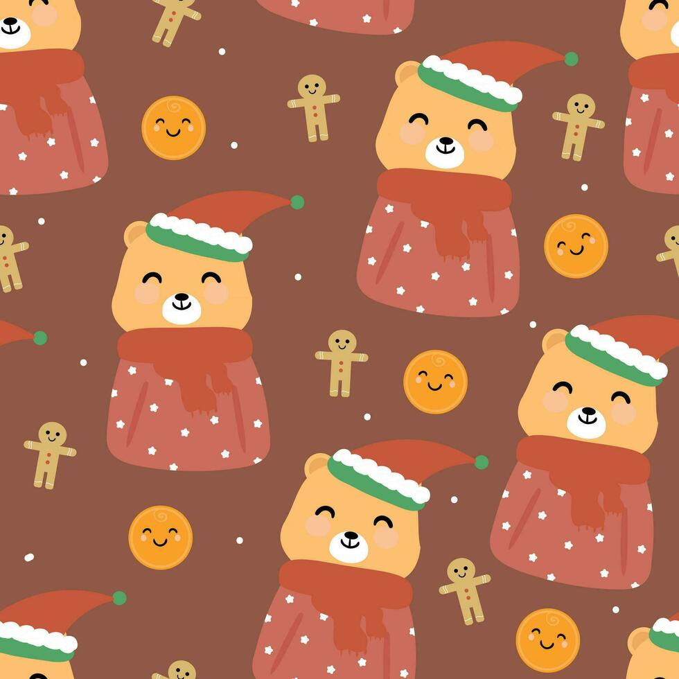 Cute seamless pattern cartoon bears in winter and christmas illustration. cute animal wallpaper for gift wrapping paper vector