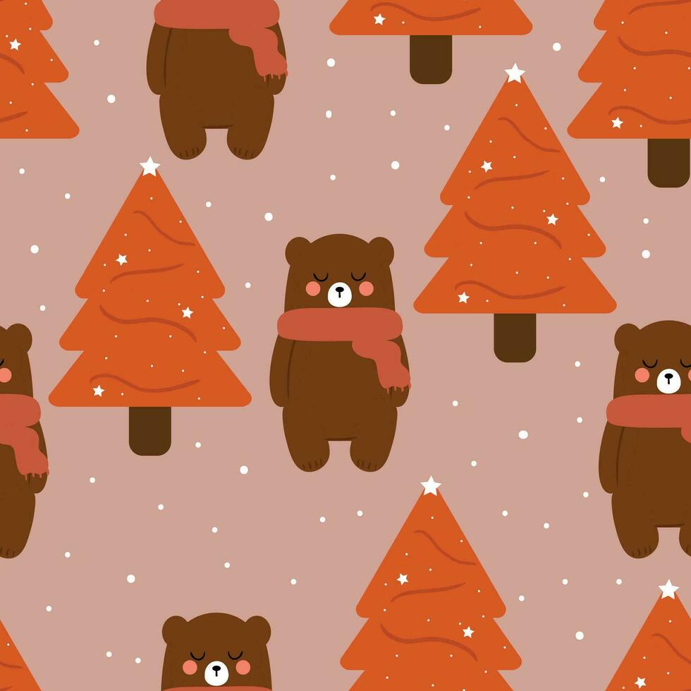 Seamless pattern cartoon bears and trees in winter. cute animal wallpaper for wrapping paper vector