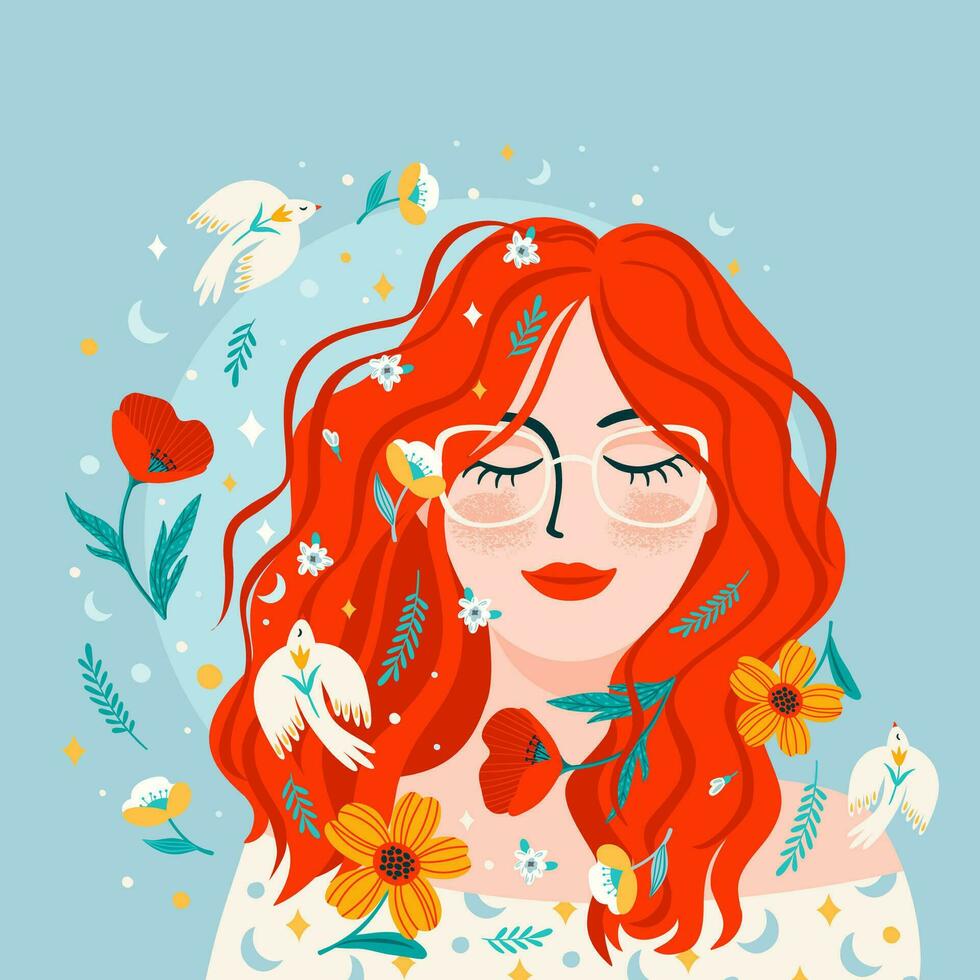 retrato de linda niña con flores y aves. yo cuidado, yo amar, armonía. aislado vector diseño.