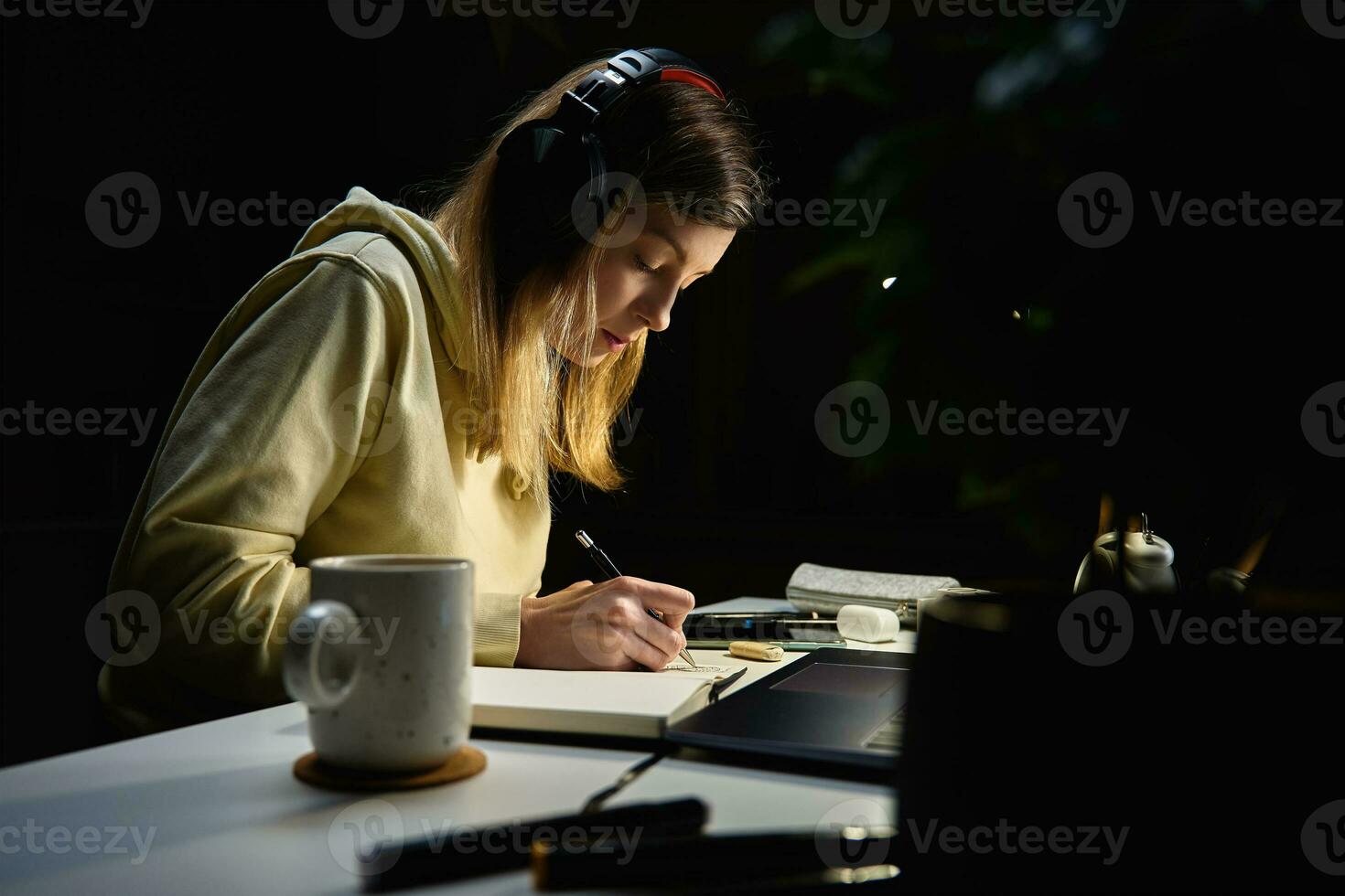 Female Designer Working In Home Office At Night photo