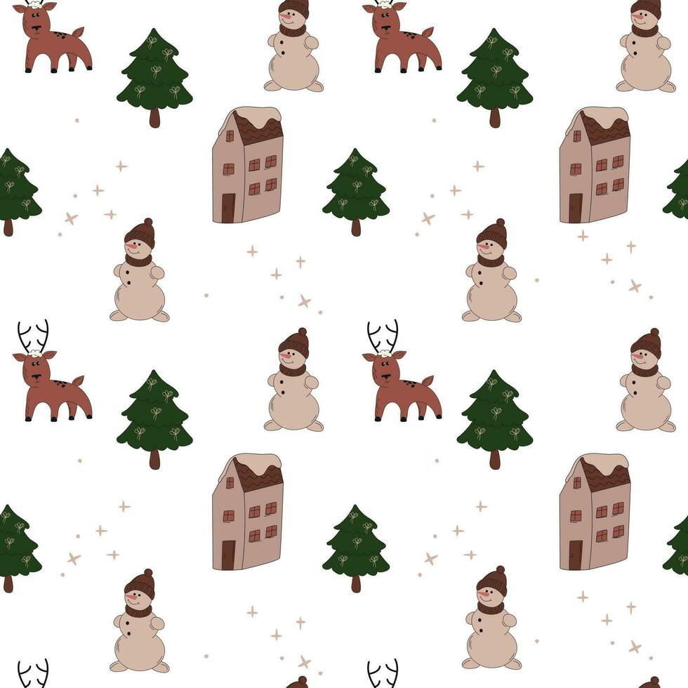Navidad y nuevo año decorativo sin costura modelo. Navidad árbol, ciervo, monigote de nieve y casa vector