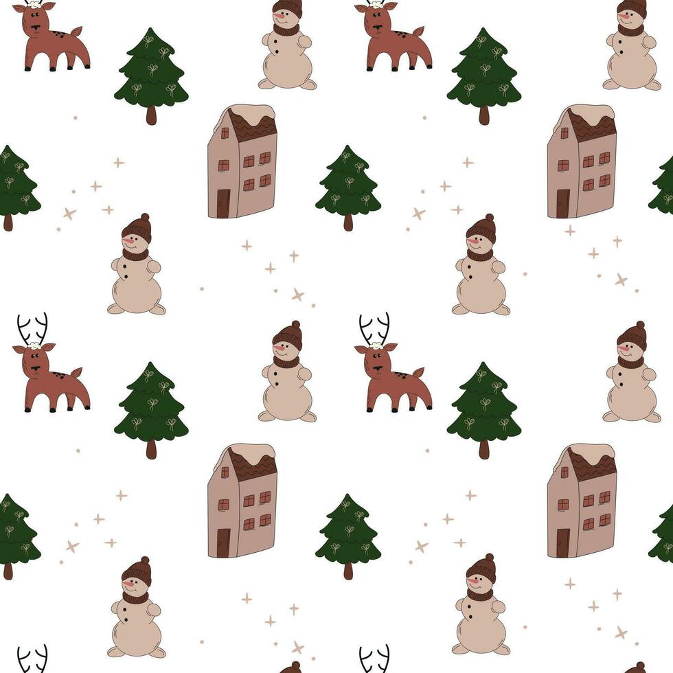 Christmas and New Year decorative seamless pattern. Christmas tree, deer, snowman and house vector
