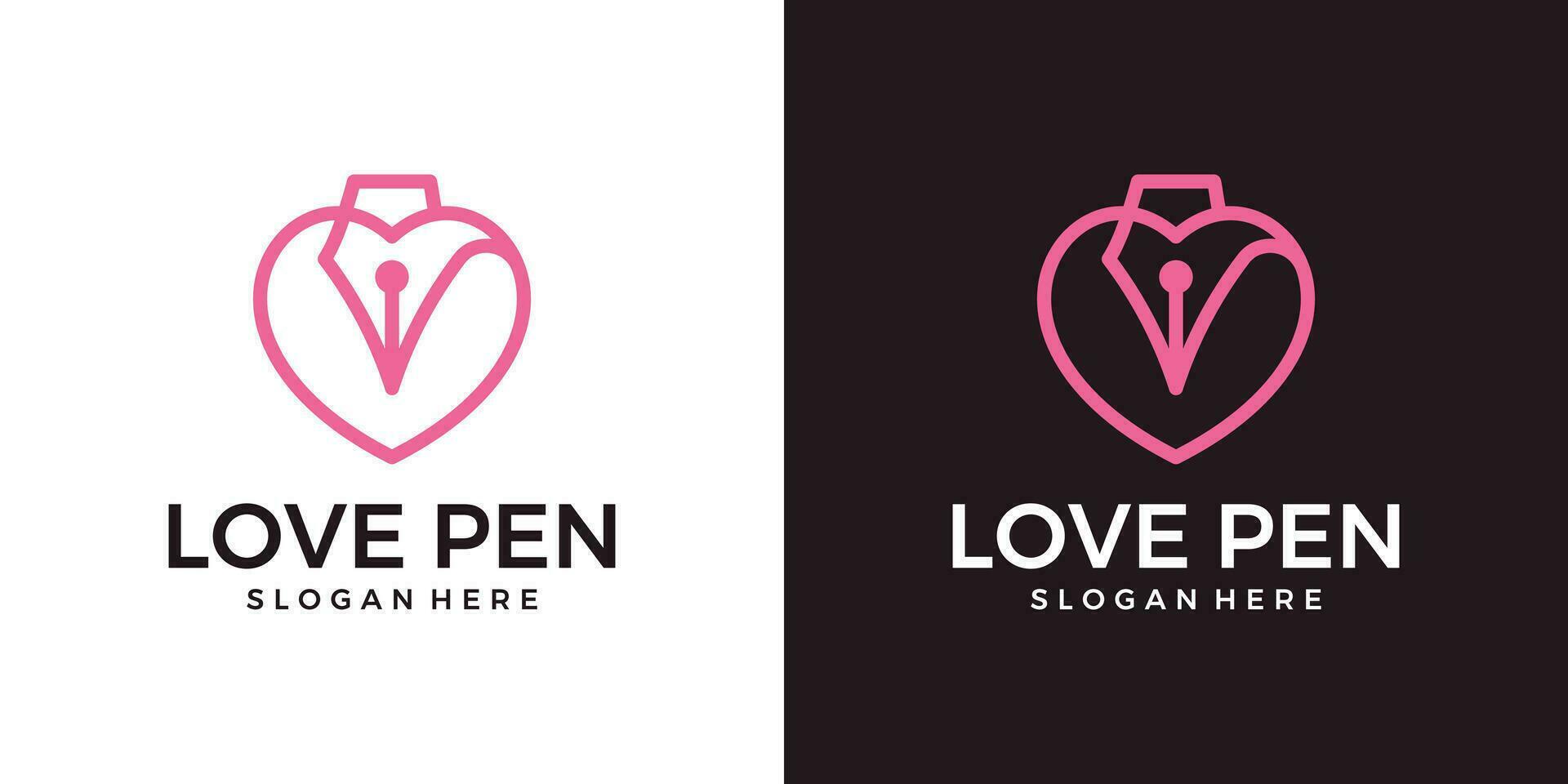 Pen with line style logo design template and heart design graphic vector illustration. Symbol, icon, creative.