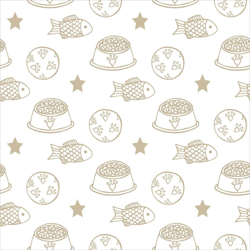 Background with a full bowl of dry food and pet toys. Seamless pattern with items for cats and dogs, hand drawn in doodle style. Vector illustration.