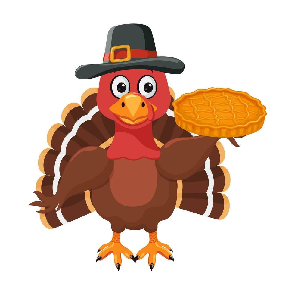 acción de gracias Turquía pájaro vistiendo un peregrino sombrero sostiene un calabaza tarta. tradicional americano, canadiense símbolo de contento acción de gracias día. linda personaje. vector clipart, ilustración.