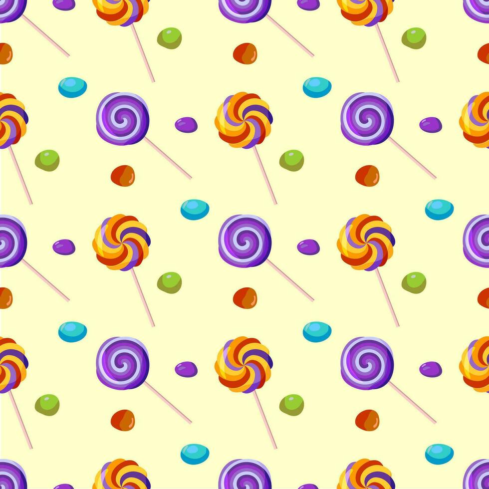 Seamless pattern with lollipops and jelly candies, nuts in multicolored caramel icing. For wrapping paper, packaging, fabric, wallpaper. Vector illustration.