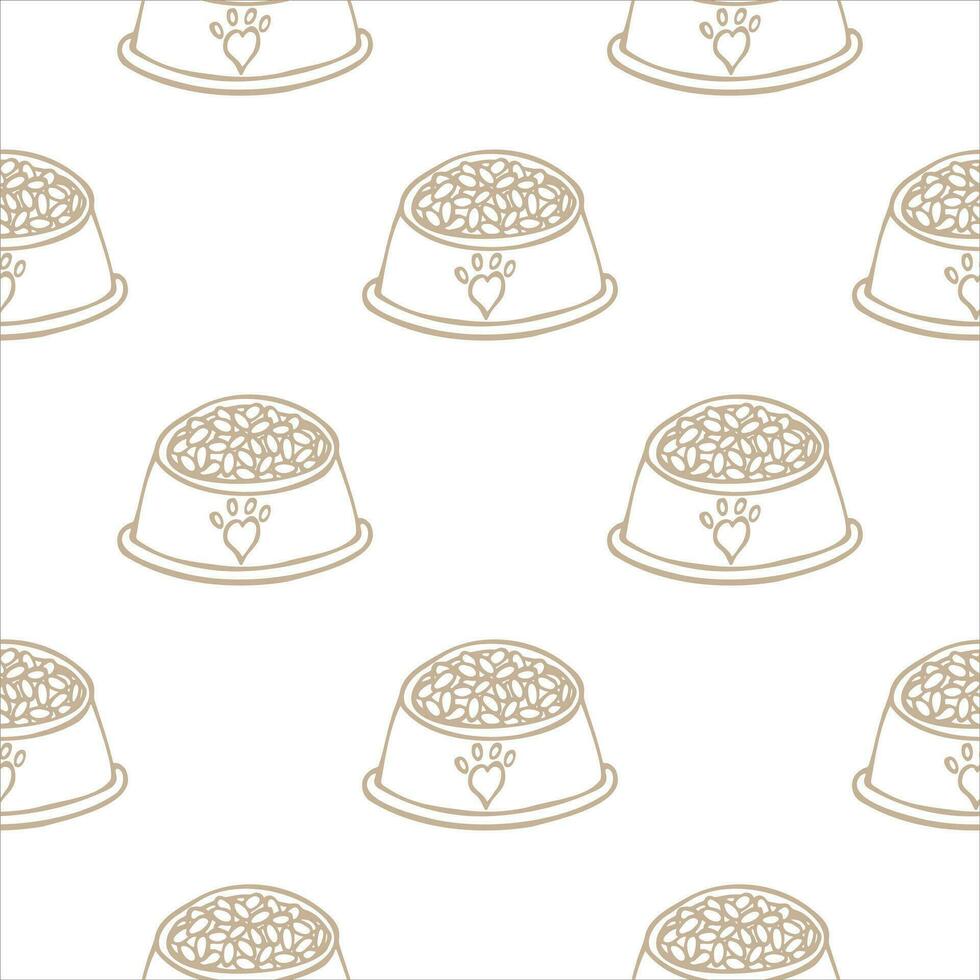 Seamless pattern with bowls with dry pet food. Background with a full bowl of food for a dog, cat, hand drawn in doodle style. For wallpaper, background, wrapping paper, fabric. Vector illustration.