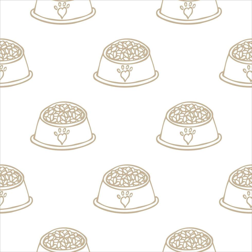 Seamless pattern with bowls with dry pet food. Background with a full bowl of food for a dog, cat, hand drawn in doodle style. For wallpaper, background, wrapping paper, fabric. Vector illustration.