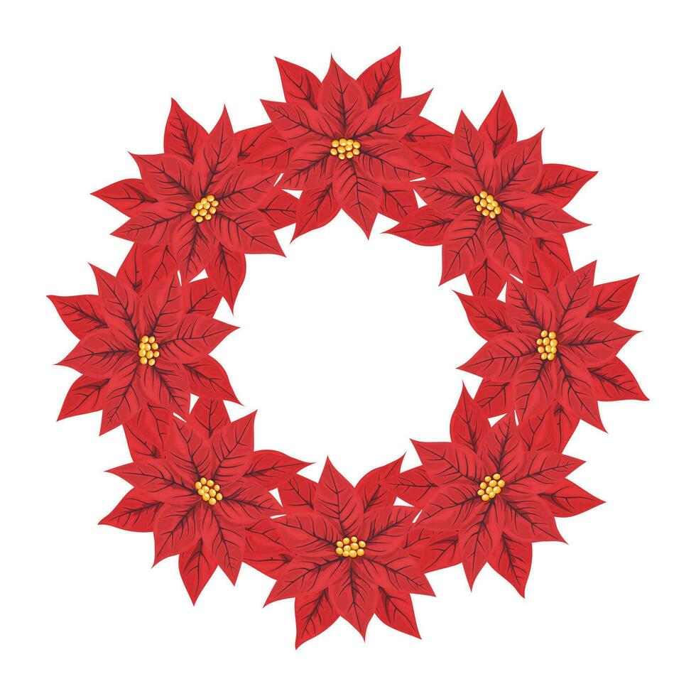 Beautiful round wreath of red poinsettia flowers. Traditional decor on the wall or door for Christmas, New Year. Isolated flower frame. Cartoon flat style. Vector illustration.