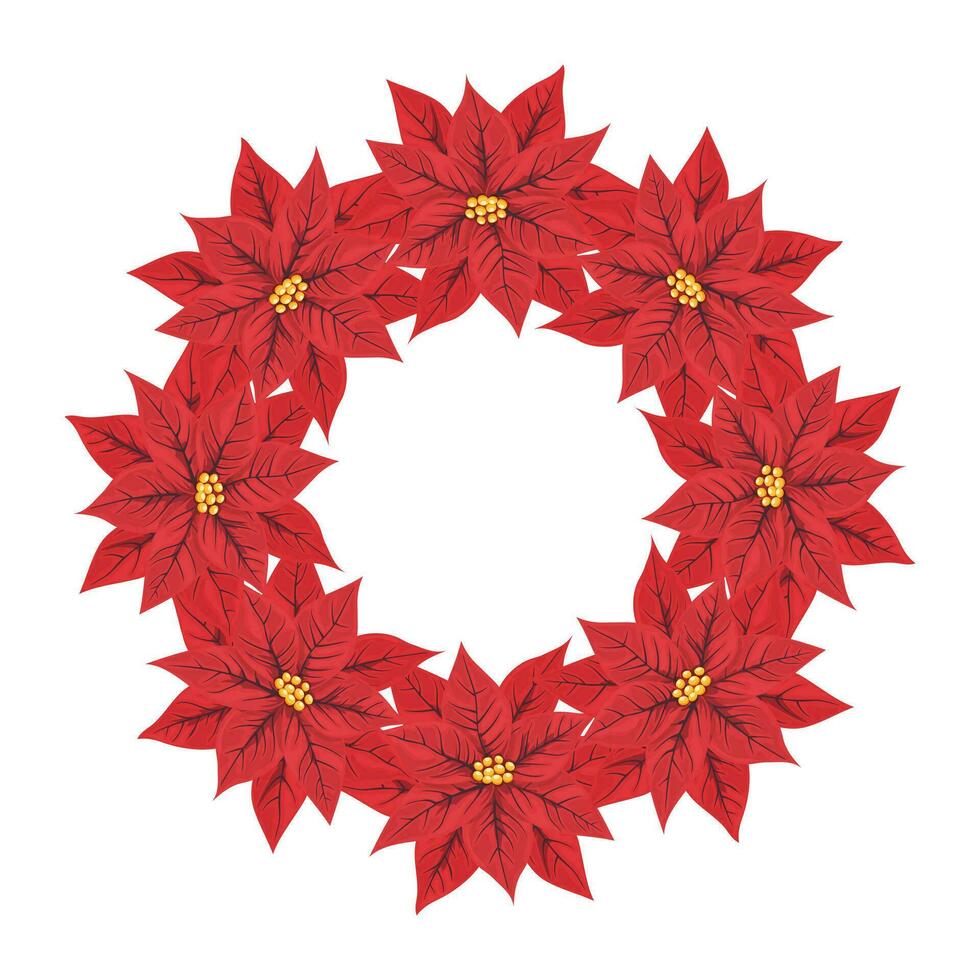 Beautiful round wreath of red poinsettia flowers. Traditional decor on the wall or door for Christmas, New Year. Isolated flower frame. Cartoon flat style. Vector illustration.