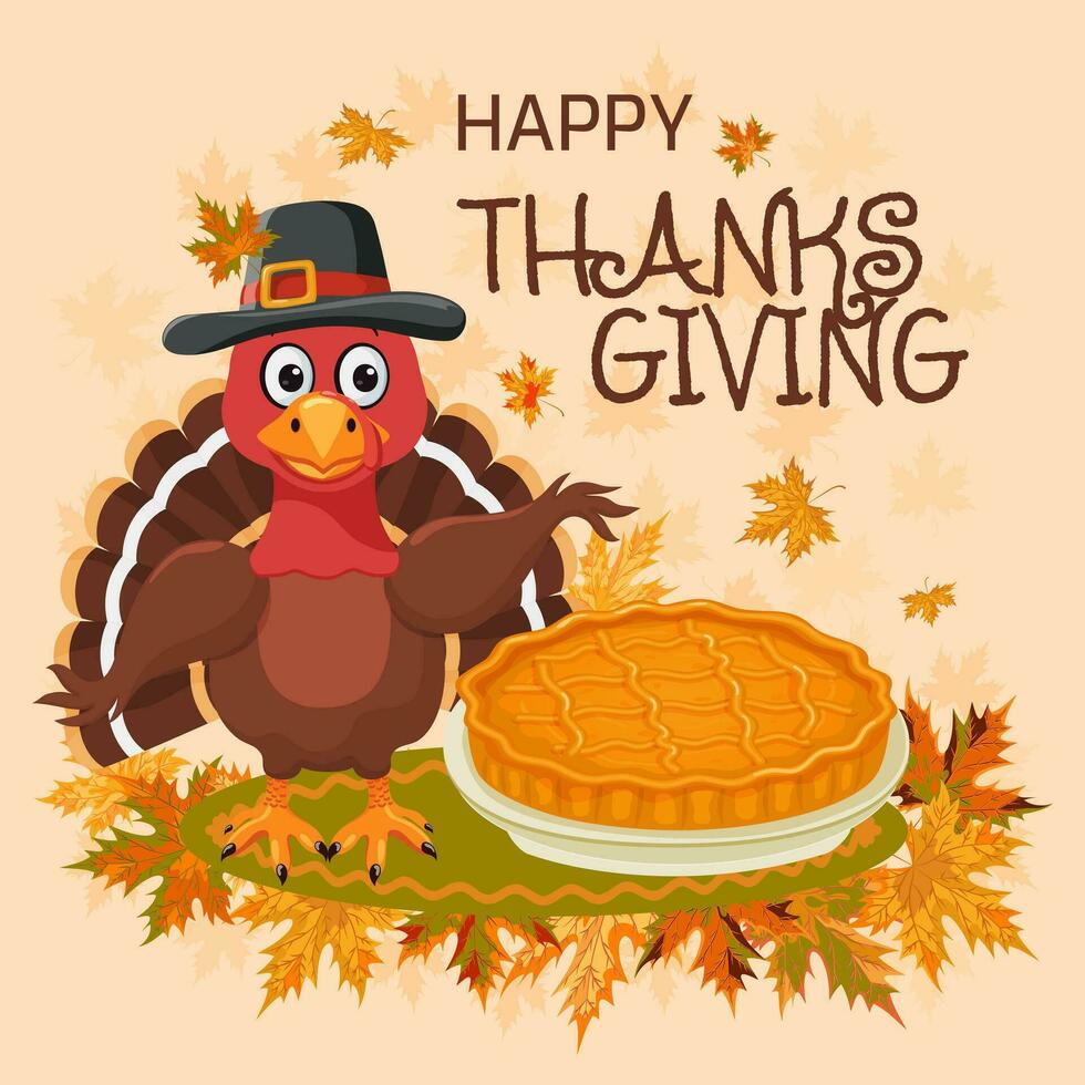 Happy Thanksgiving card. Traditional holiday symbols. Turkey, autumn maple leaf, pumpkin pie. National holiday of the USA. Background for harvest festival decoration. vector