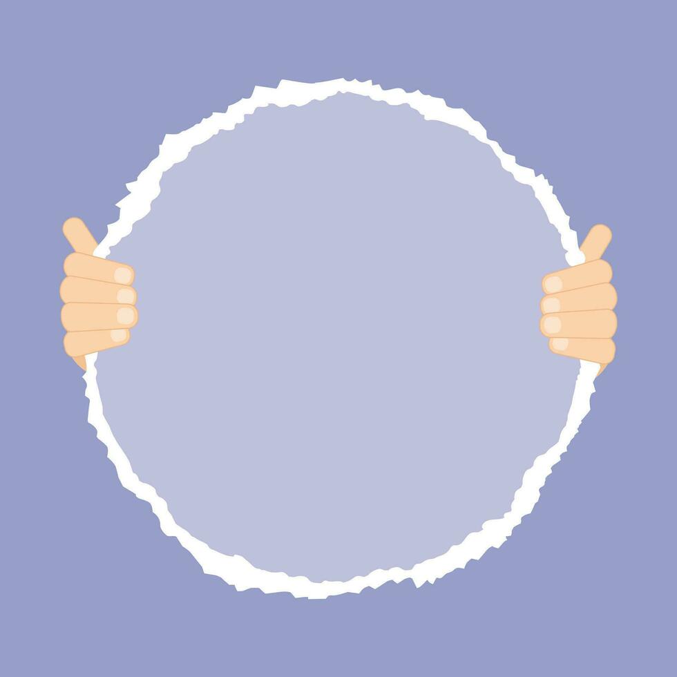 Hands holding a torn paper circle. Paper with a copy space. Vector illustration