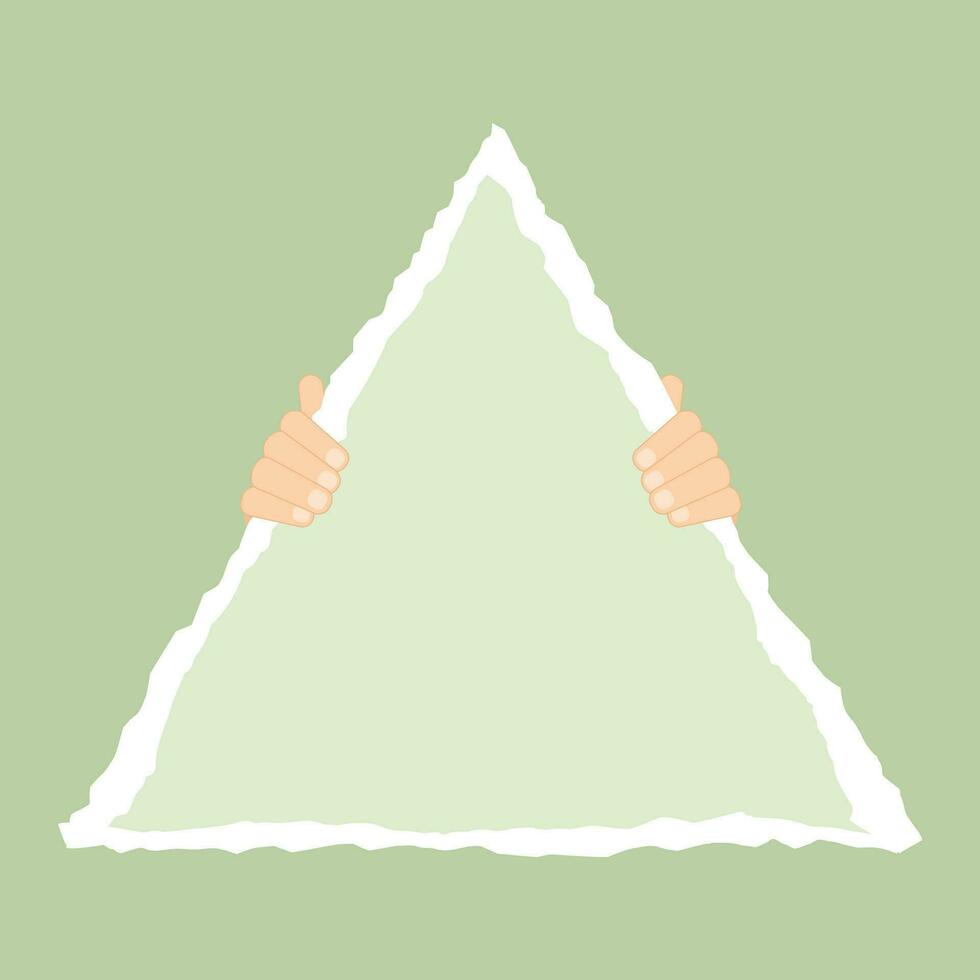 Hands holding a torn paper triangle shape. Paper with a copy space. Vector illustration