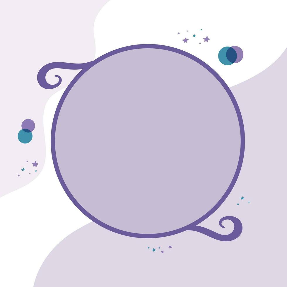 Purple circle shaped frame with copy space for text or photo. Simple template decorated with stars and shapes. Vector illustration