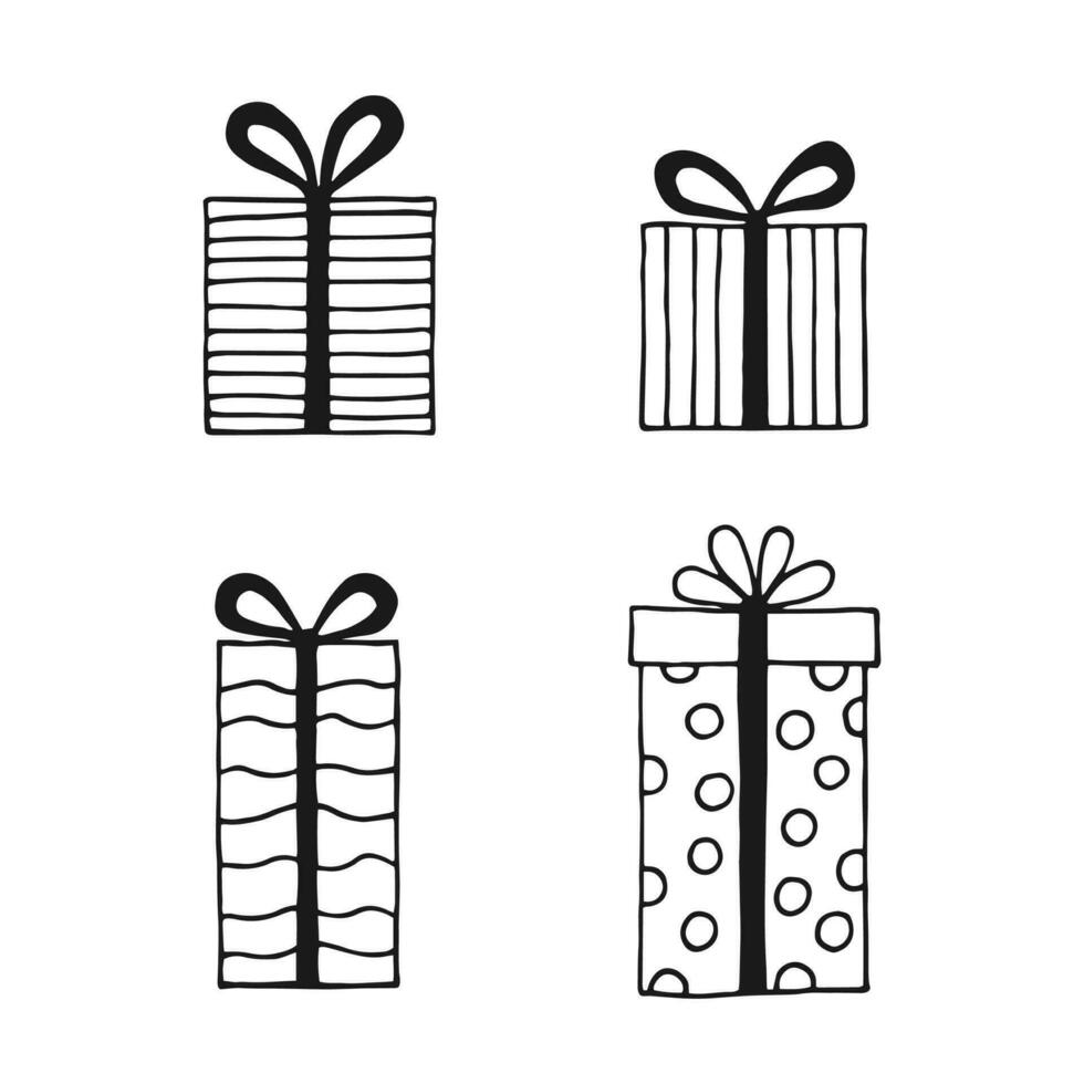 Set with gift box with different bows. Hand drawn vector illustration.