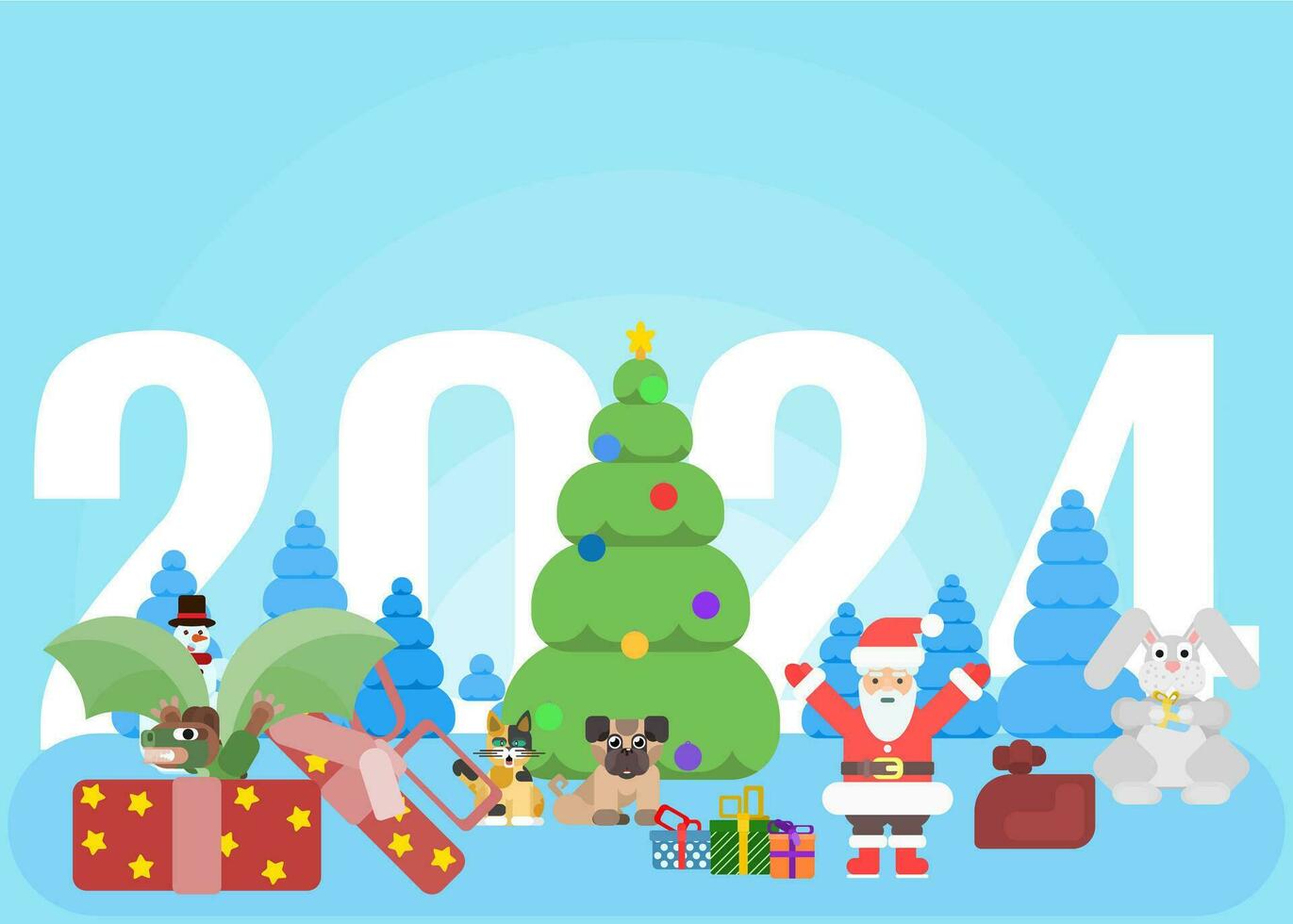 new year poster with dragon for 2024 and snowman. vector