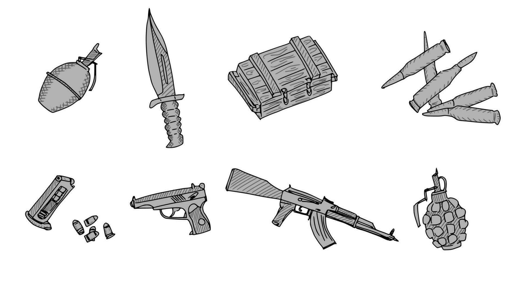 afilado armas y armas de fuego bocetos negro vector