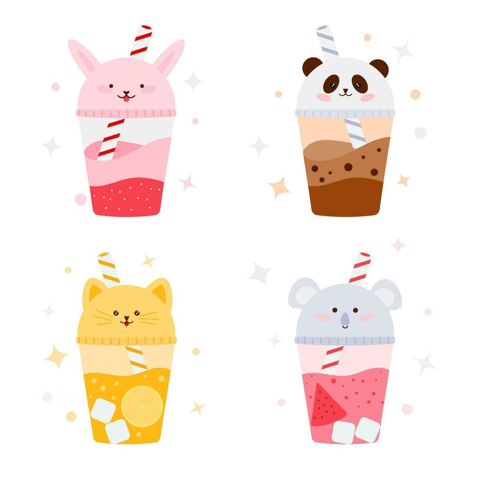 Children's fruit cocktail with a straw and a cap in the form of cute animals in the style of kawaii. Kawaii animals bunny, panda, koala, cat vector