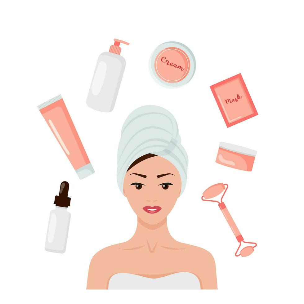Everyday beauty routine, self love and self care concept. Cosmetic products and tools for face and body skin care vector