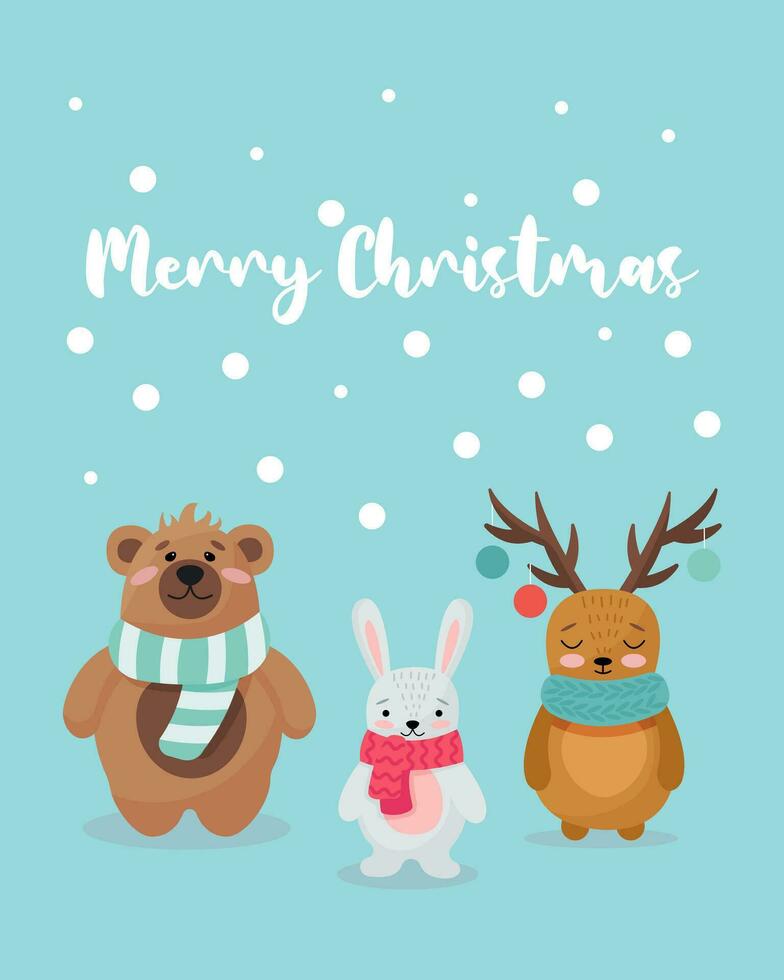 Navidad tarjeta con bosque animales linda bosque invierno animales caracteres, oso, liebre, ciervo. linda bosque animales en de punto calentar bufandas vector